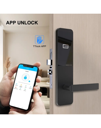 Smart Hotel Door Lock – Black/Silver with App, Key &amp; Card Unlock (EY-H2021TT)