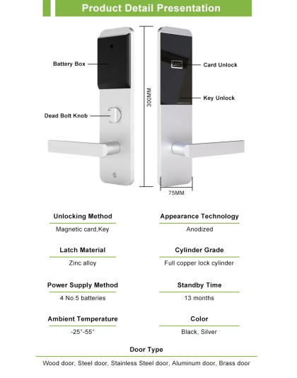 Smart Hotel Door Lock – Black/Silver with App, Key &amp; Card Unlock (EY-H2021TT)